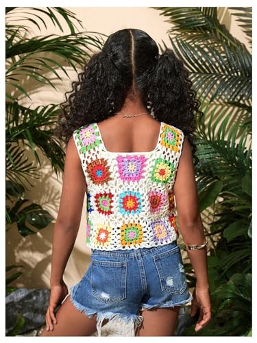 GORGLITTER Girl's Floral Pattern Crochet Top Sleeveless Square Neck Knitted Tank Tops2