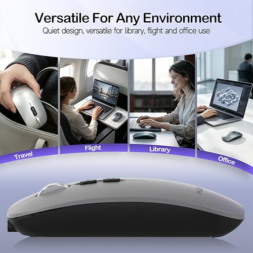 Image of FMOUSE Slim Wireless Mouse, Tri-Mode 2.4G & Bluetooth, Rechargeable - Grey | USB-A & USB-C Receiver | Silent Click | One-Key Desktop | Works with Mac, iPad & Laptops | Long-Life Battery | Portable