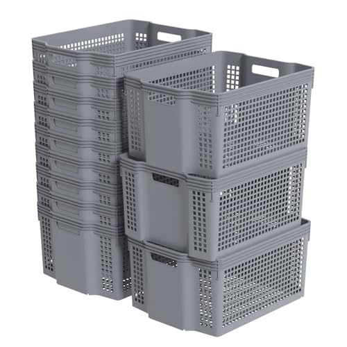 Yesdate 12-Pack Large Plastic Weave Storage Baskets, Stacking Rectangle Storage Basket Bin for Pantries, Kitchens, Cabinets, Bedrooms, Grey
