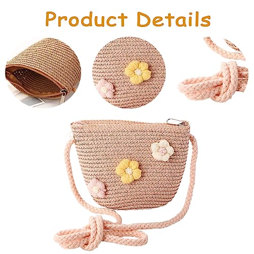 JAHEMU Mädchentaschen Blumen Stroh Tasche mit Reißverschluss Strohtasche Crossbody bag Stroh Umhängetasche für den Urlaub Reise Outdoor Aktivitäten