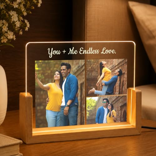 Image of Giftplease Personalized LED Acrylic Photo Frame with Custom Picture and Text, Romantic Couple Night Lamp, Wooden Base Memory Display, USB Table Decor for Anniversary, Wedding, Bedroom Home