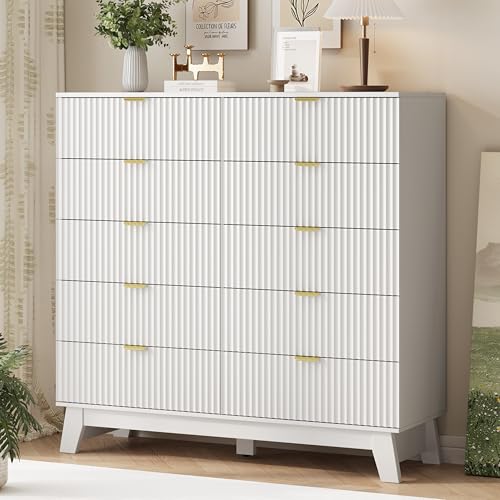 Image of Xixini Fluted Dresser for Bedroom with 10 Drawers, 48 inch Wide Modern Chest of Drawers with Metal Handle, Wooden Dresser TV Stand, Wood Closet Clothes Storage Organizer for Living Room, Hallway, White