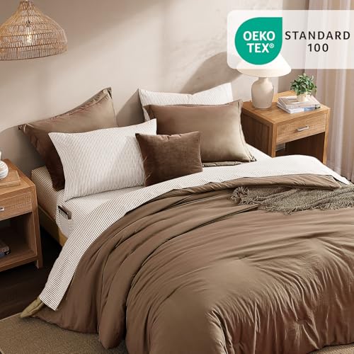 Image of Monbix King Size Comforter Set- 7 Pieces Soft Bed in a Bag King Bedding Set | All Season Brown Prewashed Comforter with Striped Sheets, Pillowcases & Shams