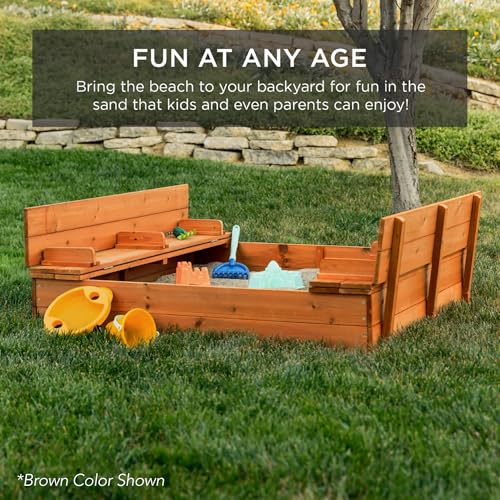 Image of Best Choice Products Large Outdoor Wooden Sand Box for Kids, Sandbox with Cover, Bench Seats Support up to 220 lbs, Bottom Liner for Drainage, Cedar Wood - Sage