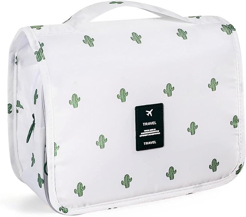 Necessaire suspensa Pengxiaomei de nylon, branca com estampa de cacto, 4 compartimentos