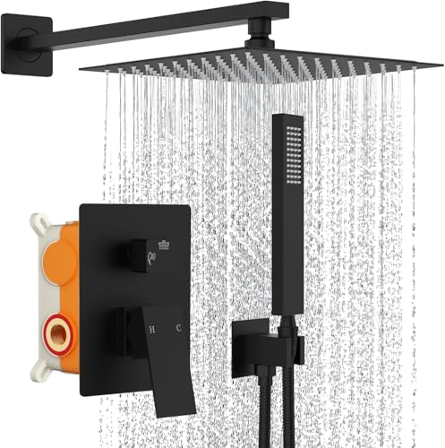 AILRINNI Système de Douche Encastré Noir - Colonne de Douche avec Mitigeur Encastrable, Ensemble de Douche avec Carrée Douche de Tête, Douchette, Corps en...