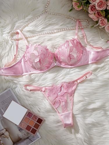 Image of Lilosy Sexy Floral Embroidered Mesh Sheer Underwire Lingerie Set