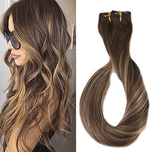 (Promotion) Full Shine 18 inch 9Pcs 120gram Double Weft Clip in Human Hair Extensions Balayage Ombre Remy Hair Color #4 Medium Brown Fading to #24 Highlighted Color #4 Extensions Clip