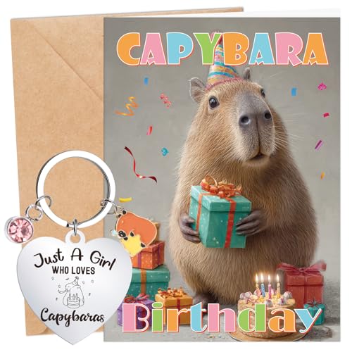 Eiapadeor Capybara Birthday Card Gifts - 2Pcs Funny Capybara Happy Birthday Gifts, Cappy Birthday Card with Envelope, Personalised Keyring for Animal Lover, Cute Animal Card for Girl, Daughter, Niece