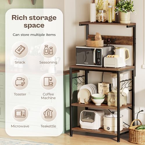 SUPERJARE Kitchen Bakers Rack with Power Outlet, Coffee Bar Table 4 Tiers, Kitchen Microwave Stand with 6 S-shaped Hooks, Storage Shelf Rack for Spices, Pots and Pans - Rustic Brown by SUPERJARE - Image 6