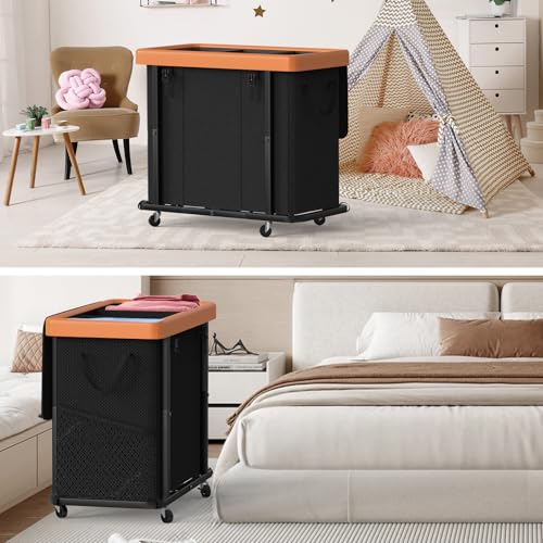 Image of 230L (60 Gal) Large Fashion Laundry Basket with Wheels, Leather Patchwork Laundry Sorter 3 Section, Sturdy Metal Frame, Removable Washable Bag, Tall Clothes Sorter for Bedroom - Black