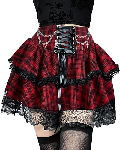 XKBHYD Mini jupe gothique plissée à lacets pour femme - Taille haute - Style punk, grunge, skater - Harajuku Lolita - Jupe avec chaîne, Rouge, XXL