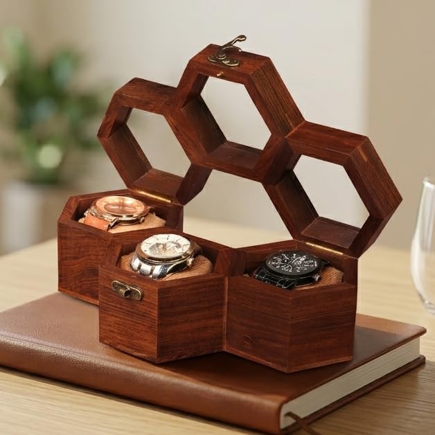 Image of Honeycomb Design Wooden Watch Box, 3 Compartment Handmade Organizer Case, Golden Brown Velvet Lined Gift For Men & Women, Dustproof Storage Box & Durable