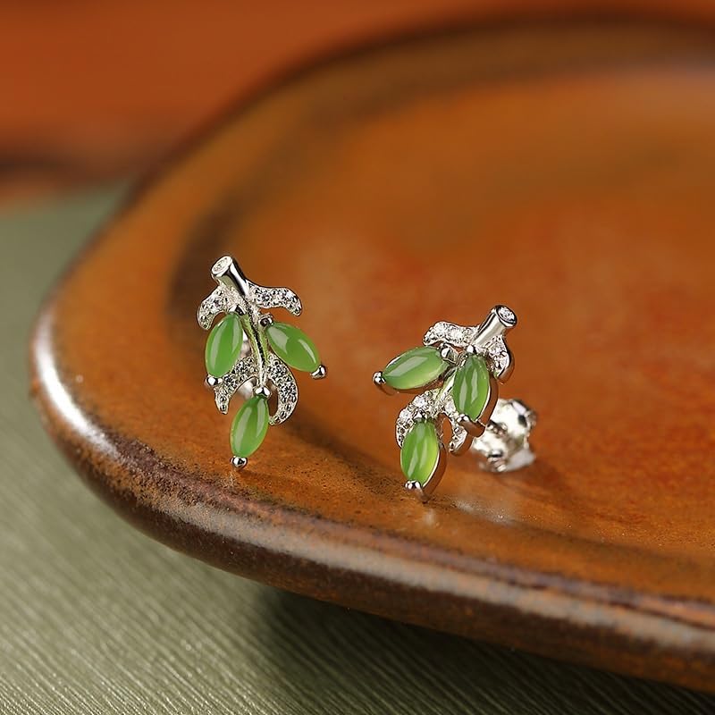Boucles d'oreilles en pierre verte et feuille plaqué or haute finition - 3
