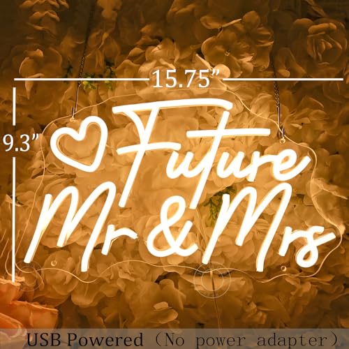 Image of SYLHOME Future Mr & Mrs Led Neon Light Sign Wedding Wall Decor Sign Banner Engagement Party Bridal Shower Light Up Sign Backdrop 15.75 inch X 9.25 inch USB Warm