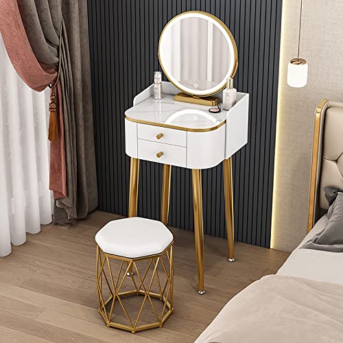 Juego de mesa de tocador con espejo, escritorio de maquillaje y taburete para espacios compactos, solución de almacenamiento para dormitorio, diseño elegante y funcional