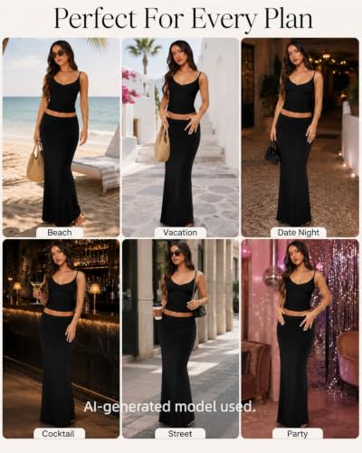 Image of Two Piece Skirt Set Women Maxi Long Skirt and Top Outfit | Soft stretchy 5 pc, slim bodycon, adjustable spaghetti straps, ruched crop tank, elastic waist, going out, beach vacation