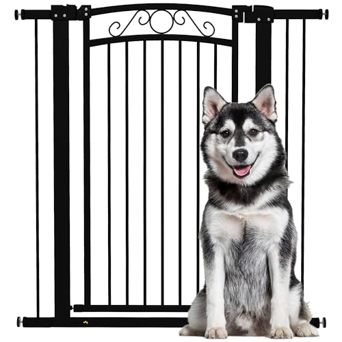 PawHut Barrera para Perros Puerta para Perros 76-104 cm Barrera de Seguridad para Perros con 2 Extensiones 7/14 cm y Doble Bloqueo para Escaleras y Puertas Negro