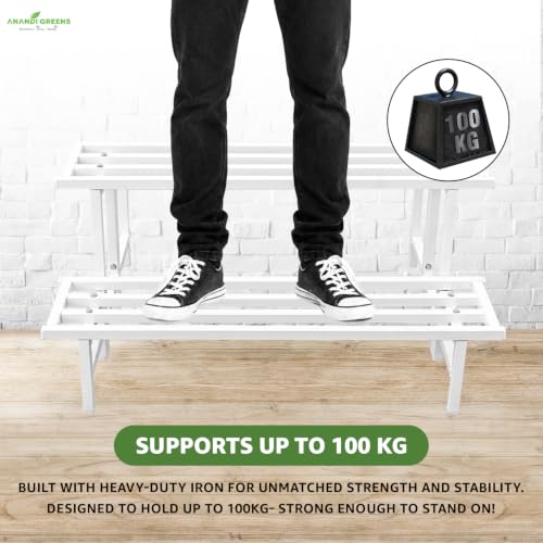 Image of Anandi Green's White Heavy Duty 2 Tier Metal Plant Stand for Grow Bags Planters and Pots Rust Resistant Plant Pot Holder Rack for Outdoor Balcony Indoor Living Room and Garden Supports Up to 100 kg