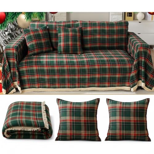Oudain Conjunto de capas de sofá xadrez de búfalo de Natal 180 x 340 cm, capas de sofá xadrez vermelho e verde com 2 fronhas, decorações de Natal, 3 lugares para protetor de móveis de quarto