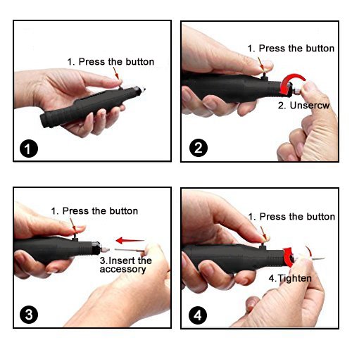 Four-step diagram showing how to attach a drill bit: 1. Press button, 2. Unscrew chuck, 3. Insert accessory, 4. Tighten chuck.