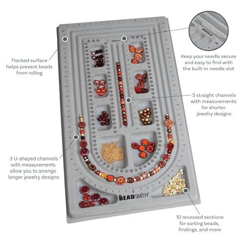 Image of The Beadsmith Bead Board, Grey Flocked | 3 U-Shape and 3 Straight Channels, 10 x 18.5 inches, Design Boards for Creating Bracelets, Necklaces and More