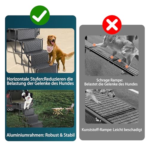 OUUTMEE 4-stufige Hunde-Autotreppe, Klappbar Hunderampe mit Rutschfester Oberfläche, Hundetreppe für Kleine und Große Hunde bis 80 kg, für Autos und SUVs