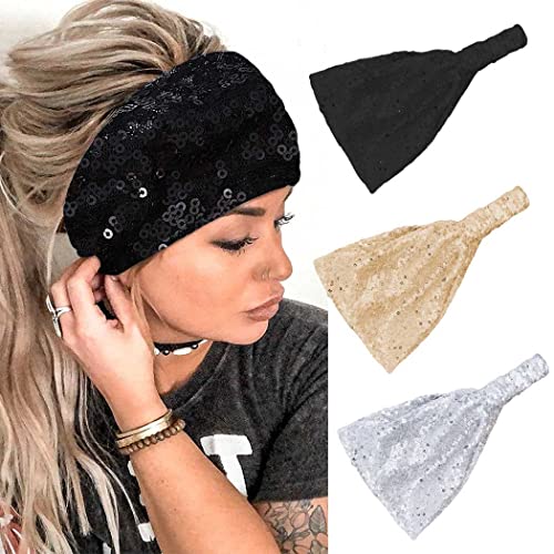 Zoestar Pailletten-Stirnbänder, breites Stirnband, Kreuz, gedrehtes Haarband, Stretch-Turban-Kopfband, für Damen und Mädchen (3 Stück)