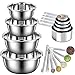 WOOWAIR Set di 4 Ciotole Acciaio Inox Cucina con 12 Misurino, Impilabili Ciotole Cucina per Mescolare e Contenere, Misurini per Cucinare e Cuocere immagine