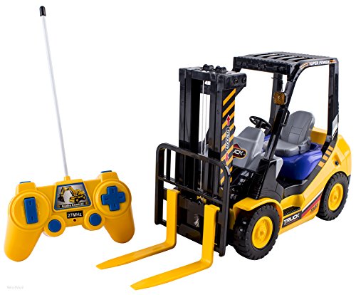 WolVol 6-Channel Electric Remote Control Forklift - Functional RC Lighted Fork Lift Toy w/ Pallet, Barrel, Rechargeable Batteries & Charger - Pretend Construction Playset for Kids