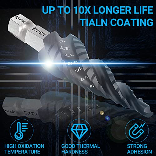 Mablevi XS003-13J M35 Four Spiral Flute Cobalt Step Drill Bit 1/8"-1/2", Wear-Resistant Tialn Coated 1/4 Inch Hex Shank Unibit Step Bit For Metal, Stainless Steel thumb #2