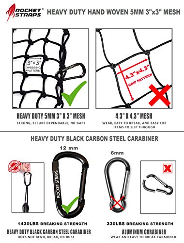 Rocket Straps | Cargo Net 4ââ‚¬â„¢X6ââ‚¬â„¢ Bungee Net | Truck Bed Net Includes (12) Steel Carabiners & Bag | Heavy Duty 5mm 3ââ‚¬ X3ââ‚¬ Mesh | No Gaps Securing Cargo Nets to Pickup Trucks, SU