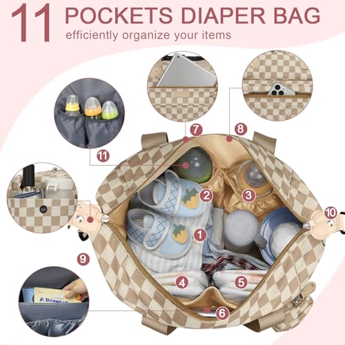 Image of Pritent Diaper Bag Tote - Diaper Baby Bags with Pacifier Case, Shoulder Straps, Stroller Clips, Waterproof Large Mommy Maternity Travel Baby Bag for Mom and Dad, plaid