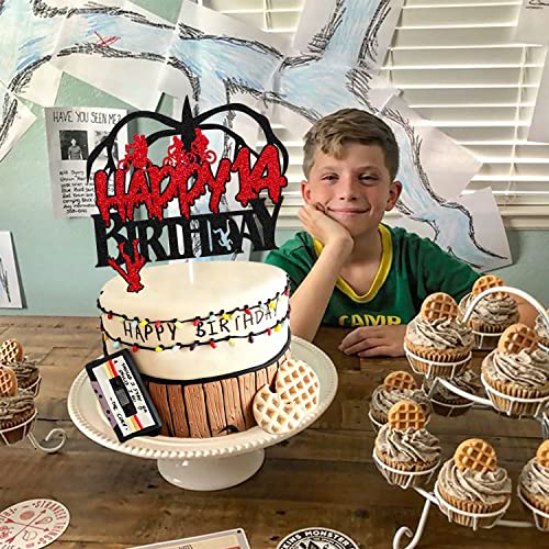 Stranger 14Th Birthday Cake Topper Man Kids Boy Girl Happy Birthday Cake Décor For Cartoon Themed Birthday Party Supplies Black Glitter Decor #TOP4