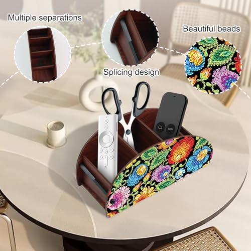Image of Diamond Painting Storage Box, DIY 5D Floral Leaf Design Multi-Compartment Wooden Diamond Art Organizer for Makeup Brushes Pens TV AC Remotes Desktop Tabletop Decoration