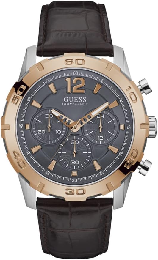 GUESS Leather Analog Grey Dial Men Watch - W0864G1, Brown Band