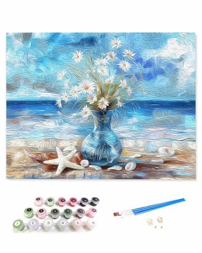 VamJump 数字油絵 手塗り 生花 原始的 風景 ビーチ DIY絵 初心者 時間をつぶす 壁飾り アートクラフト 絵画手芸キッ 絵の具をつける 塗りつぶし掛け 40x40cm