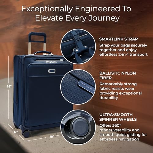 Image of Briggs & Riley 26 inch Medium Expandable Spinner - Checked Luggage for Travel, Suitcases with Wheels, Softside Rolling Bag for Men & Women, Self-Repairing Zipper - Baseline Collection, Navy