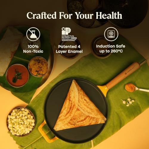 Image of CUMIN CO. Cast Iron Non Stick Dosa Tawa 28 cm | Induction Base Cookware | 10 Year Warranty | Chemical Free Coating | Non Toxic Tawa for Dosa /Chilla | Free Accessories | No Seasoning Needed | Mustard