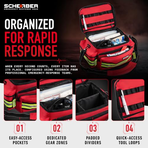 Scherber First Responder Fully-Stocked Professional Essentials EMT/EMS Trauma Kit | HSA/FSA Approved | Reflective Bag w/8 Zippered Pockets & Compartments & 200+ First Aid Supplies - Red - Image 5