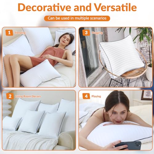 Pillows Insert 20'' x 20'' Set of 2, Decorative Throw Pillows with Luxury Silky Covers for Indoor Couch, Sofa or Bed Decors, White Striped Cushion Sham Stuffer