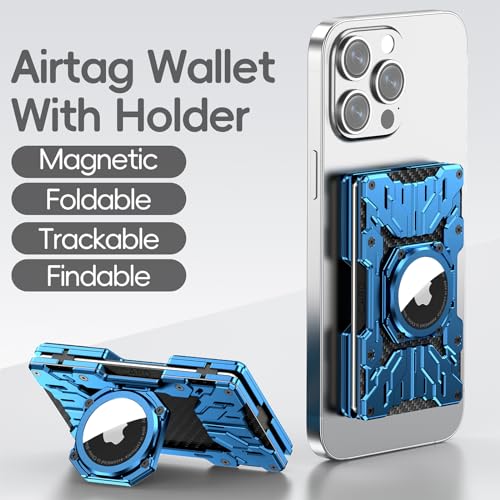 Minimalist Mens Wallet RFID Blocking - Slim Metal Wallet With Airtag Holder - Compact Credit Card Holder Mini Size, Metal, Carbon Fiber (Blue)2