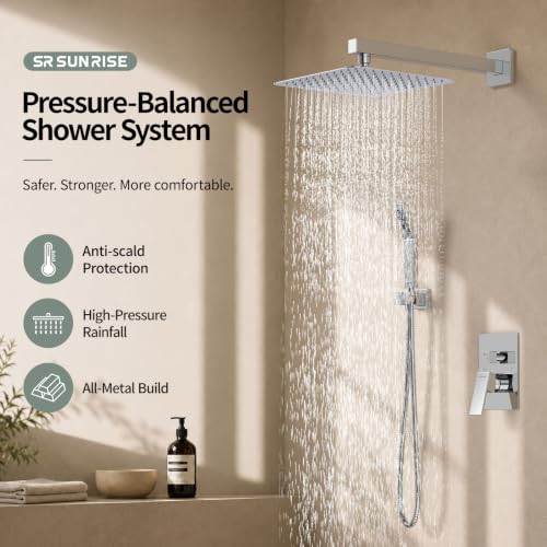 Image of SR SUN RISE Shower Faucet Set 10-Inch Rainfall Shower Head Polished Chrome