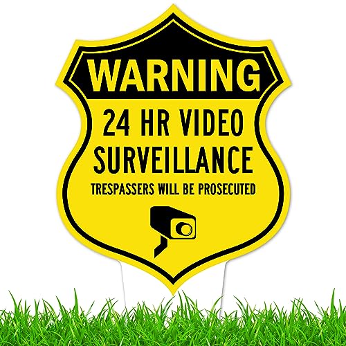 Image of Warning, 24 Hr Video Surveillance Sign, 9x17, Heavy Duty Integrated Ground Stakes, Indoor /Outdoor Use, Rust Free Aluminum Composite, Made in USA by My Sign center
