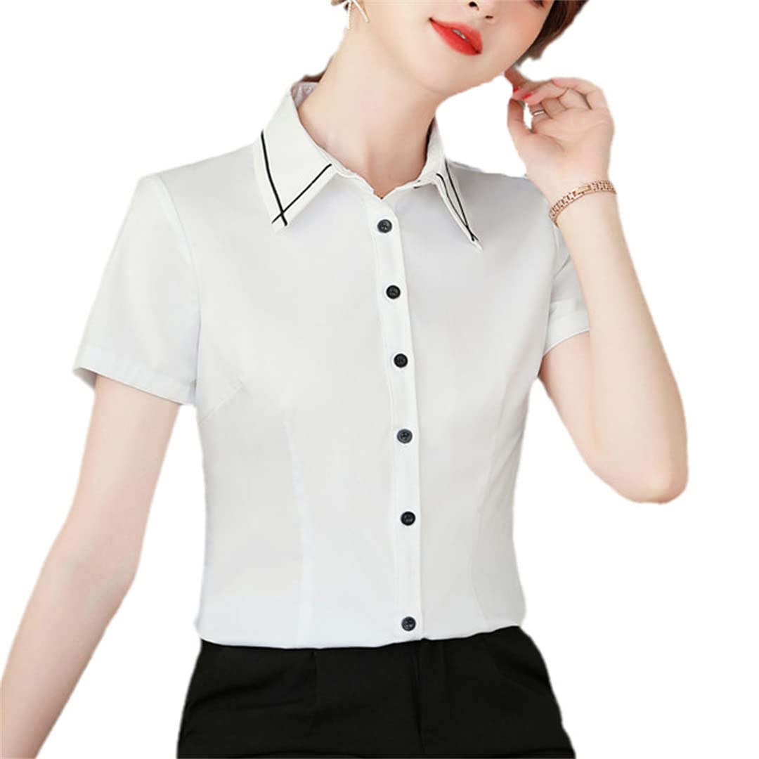 Camisa con Botones para Mujer, Blusa de Negocios con Cuello en V de Manga Corta para el Verano, Tops Formales Ajustados White XL