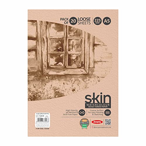 Image of Anupam Skin Watercolour Beige Toned Paper - Acid Free - Cold Press Paper - 20 Loose Sheet - 225 GSM - A5