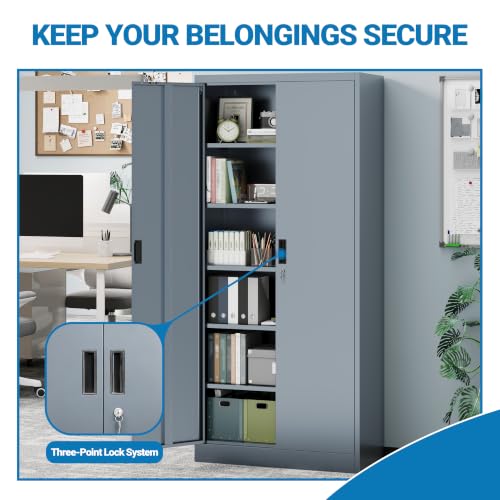 Image of Metal Storage Cabinet with Lock Doors and 5 Adjustable Shelves