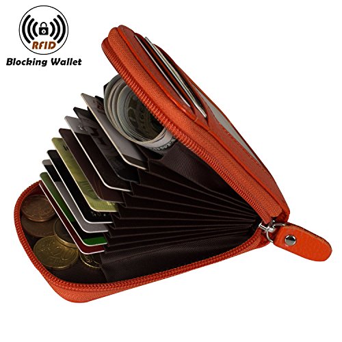 Image of Credit Card Case Organizer Genuine Leather Zip-Around Security Wallet Orange