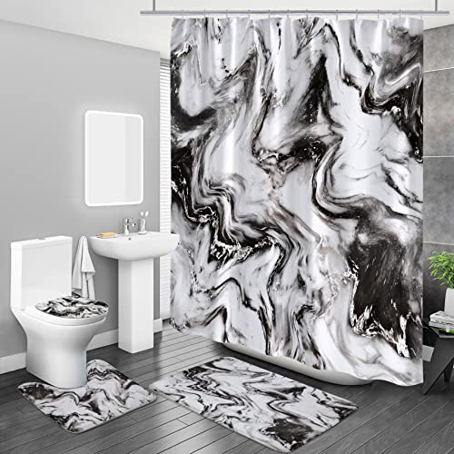 MitoVilla 4 Pcs Black White Marble Bathroom Sets with Shower