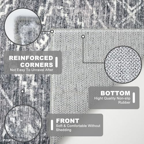 KILOCOCO Boho Kitchen Runner Rug 2x5 Washable Runner Rug Soft Runners for Hallways Non Slip Printed Distressed Laundry Room Rugs, Low-Pile Runners for Entryway Bedroom Living Room, Grey